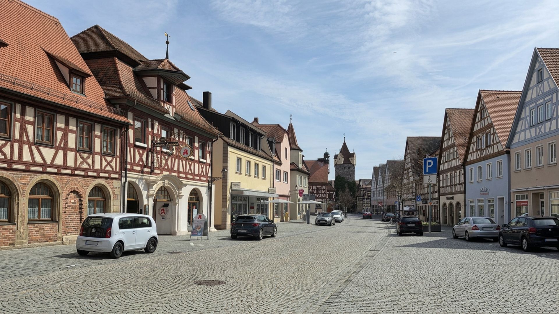 Blick die Hauptstraße in Herzogenaurach entlang: Fachwerkhäuser, Apotheke und der historische Turm im Hintergrund